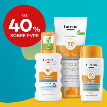 Três produtos solares Eucerin em destaque e selo de desconto até 40% sobre preço venda ao publico recomendado