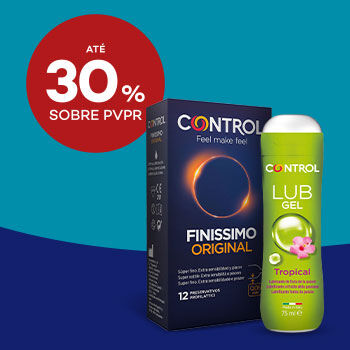Produtos Control com selo de desconto até 30% sobre preço de venda ao público recomendado.