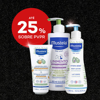 Produtos Mustela com selo de desconto até 25% sobre preço de venda ao público recomendado.