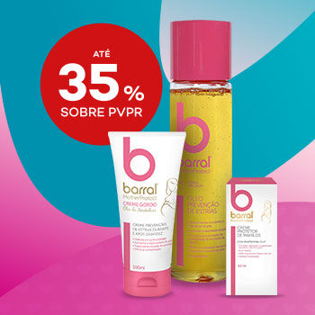 Produtos Barral em destaque com selo de desconto até 35% sobre preço de venda ao público recomendado