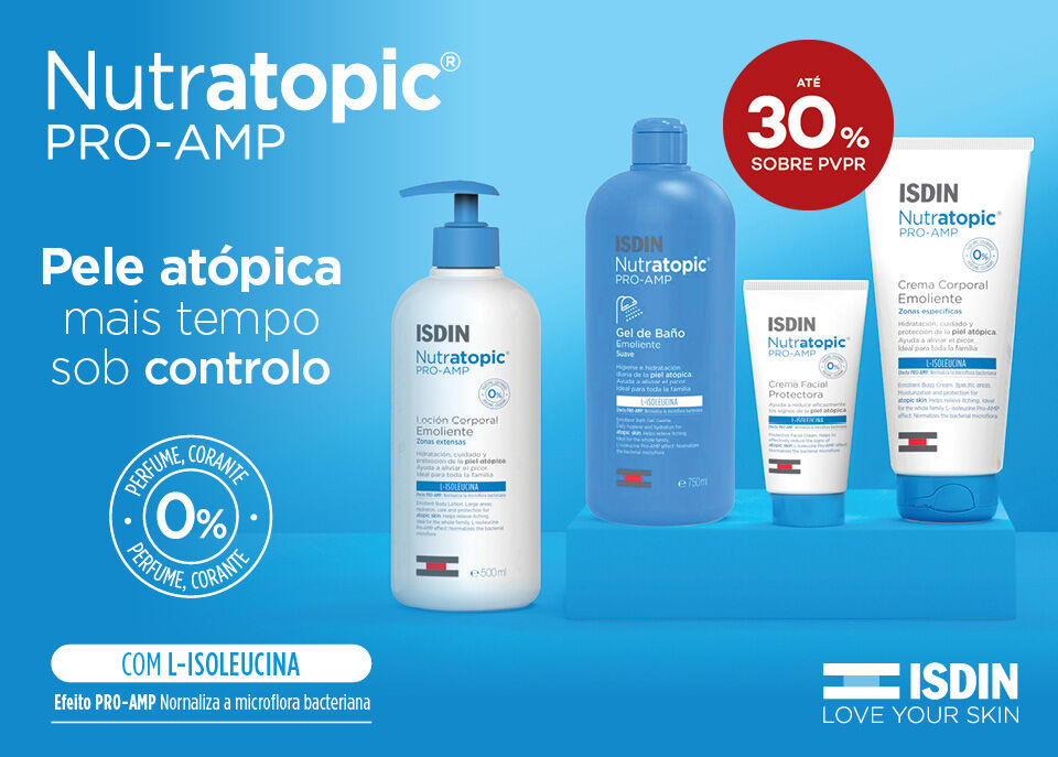 Gama Nutratopic da Isdin com selo de desconto até 30% sobre preço de venda ao público recomendado Gama Nutratopic da Isdin com selo de desconto até 30% sobre preço de venda ao público recomendado