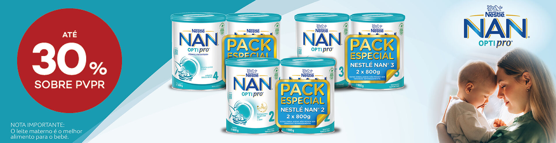Produtos NAN Optipro com selo de desconto até 30% sobre preço de venda ao público recomendado.