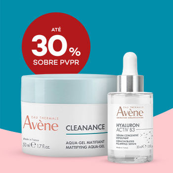 Produtos Avène com selo de desconto até 30% sobre preço de venda ao público recomendado.
