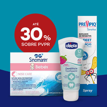 Produtos de Saúde Infantil com selo de desconto até 30% sobre preço de venda ao público recomendado.