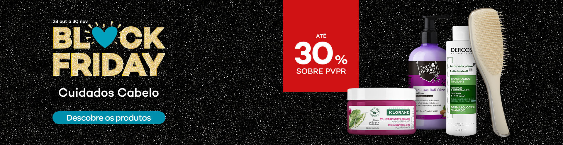 Destaque produtos cuidado de cabelo em campanha black friday com selo de desconto até 35% sobre preço de venda ao público recomendado
