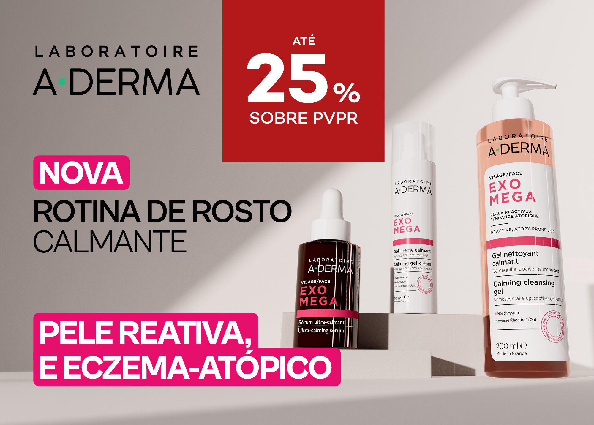 A-derma, nova rotina de rosto calmante com selo at&eacute; 25% sobre pre&ccedil;o de venda ao p&uacute;blico recomendado