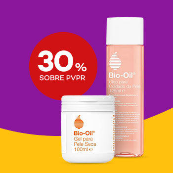 Destaque de Bio Oil com selo de desconto 30% sobre preço de venda ao público recomendado