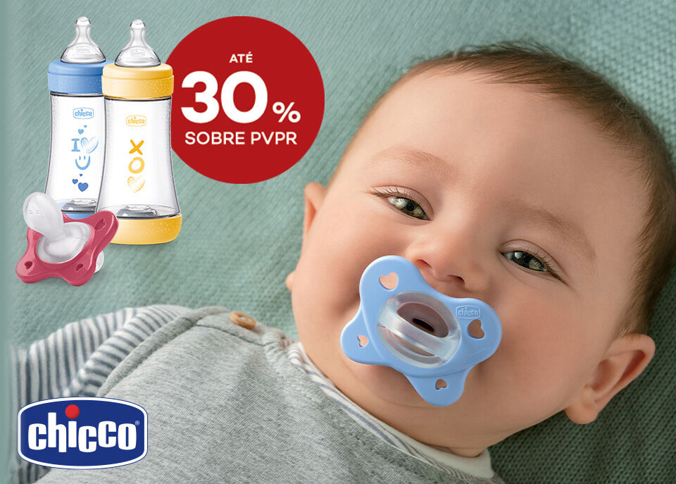 Destaque de biberões e chucha Chicco com selo de desconto até 30% sobre preço de venda ao público recomendado. Destaque de biberões e chucha Chicco com selo de desconto até 30% sobre preço de venda ao público recomendado.