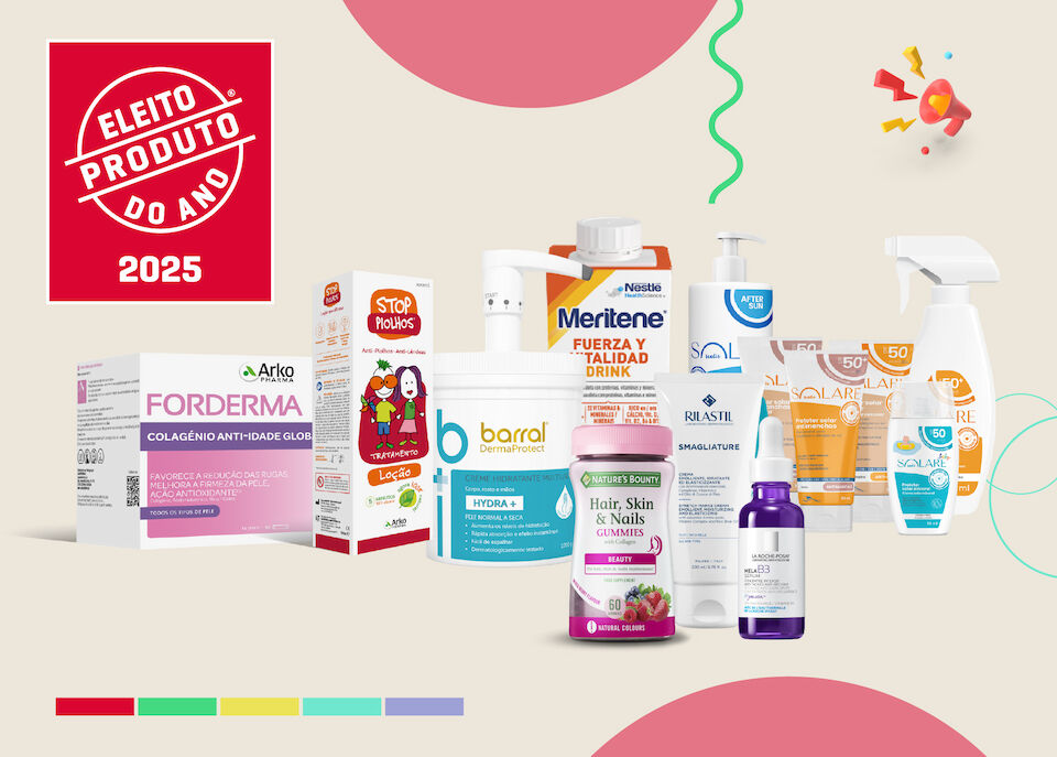 Banner com produtos vencedores do prémio Produto do Ano nas categorias de Suplementos, Cosmética, Saúde e Solares