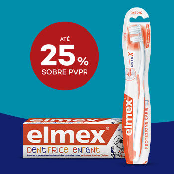 Produtos Elmex com selo de desconto até 25% sobre preço de venda ao público recomendado.