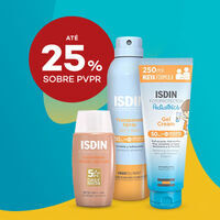 Três produtos Isdin em destaque sobre fundo colorido com selo de desconto até 25% sobre preço de venda ao publico recomendado