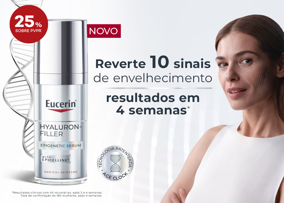 Destaque da gama Epigenetic da Eucerin com selo de desconto de 25% sobre preço de venda ao público recomendado. Destaque da gama Epigenetic da Eucerin com selo de desconto de 25% sobre preço de venda ao público recomendado.