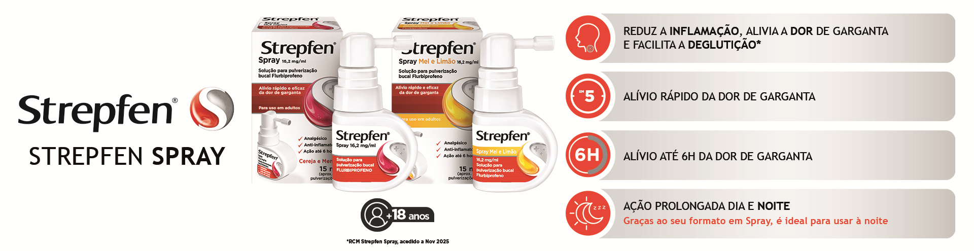 Strepfen Spray, reduz a inflama&ccedil;&atilde;o, alivia a dor de garganta e facilita a degluti&ccedil;&atilde;o.
