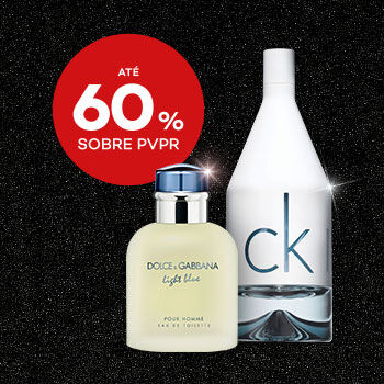 Destaque perfumes em campanha black friday com selo de desconto até 60% sobre preço de venda ao público recomendado