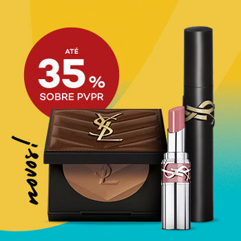 Pó compacto, batom cor-de-rosa e máscara de pestanas preta YSL com desconto até 35% sobre Preço de Venda ao Público Recomendado.