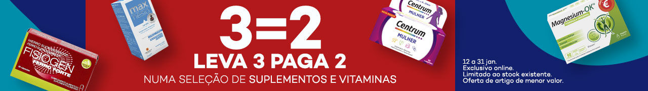 Leva 3 paga 2 numa sele&ccedil;&atilde;o de suplementos e vitaminas. 12 a 31 janeiro. Limitado ao stock existente. Excclusivo online. Oferta de artigo de menor valor.