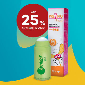 Repelentes Arnidol pic e Previpiq Tropics com desconto de até 25% sobre Preço de Venda ao Público Recomendado.