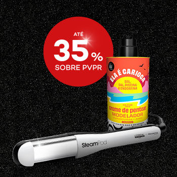 Destaque produtos de styling em campanha black friday com selo de desconto até 35% sobre preço de venda ao público recomendado