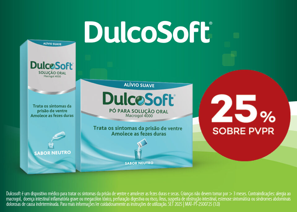 Produtos Dulcosoft com selo de 25% sobre preço de venda ao público recomendado.  Produtos Dulcosoft com selo de 25% sobre preço de venda ao público recomendado.