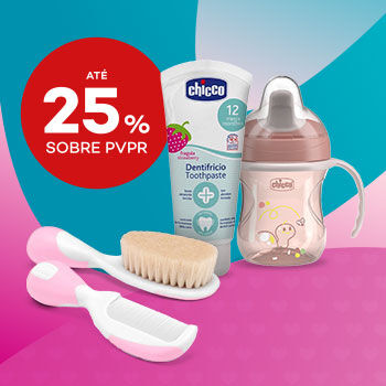 Produtos Chicco em destaque com selo de desconto até 25% sobre preço de venda ao público recomendado