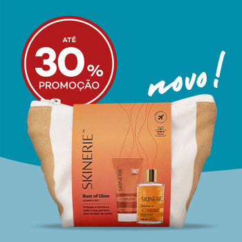 Bolsa às riscas com Mini protetor solar e mini oleo corporal com brilhantes da marca skinerie