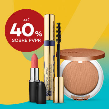 Maquilhagem de luxo com batom, máscara de pestanas e pó compacto com até 40% sobre Preço de Venda ao Público Recomendado.