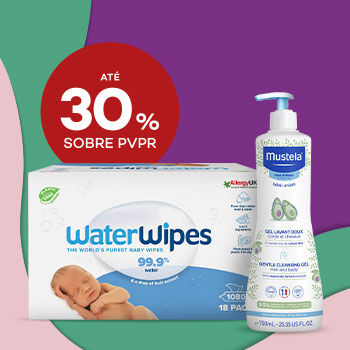 Toalhitas WaterWipes e Gel Lavante Mustela com desconto de até 30% sobre preço de Venda ao Público Recomendado