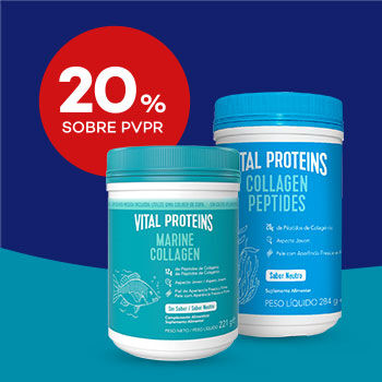 Produtos Vital Proteins com selo de 20% sobre preço de venda ao publico recomendado.