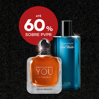 Perfumes de Homem com selo de desconto até 60% sobre preço de venda ao público recomendado.