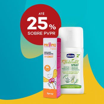 Sprays PREVIPIQ Tropics com 50% DEET e Chicco Natural com desconto até 25% sobre preço de Venda ao Público Recomendado