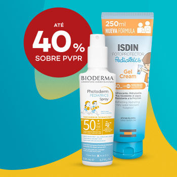 Spray Bioderma Photoderm e gel-creme ISDIN Pediatrics com desconto até 40% sobre preço de Venda ao Público Recomendado