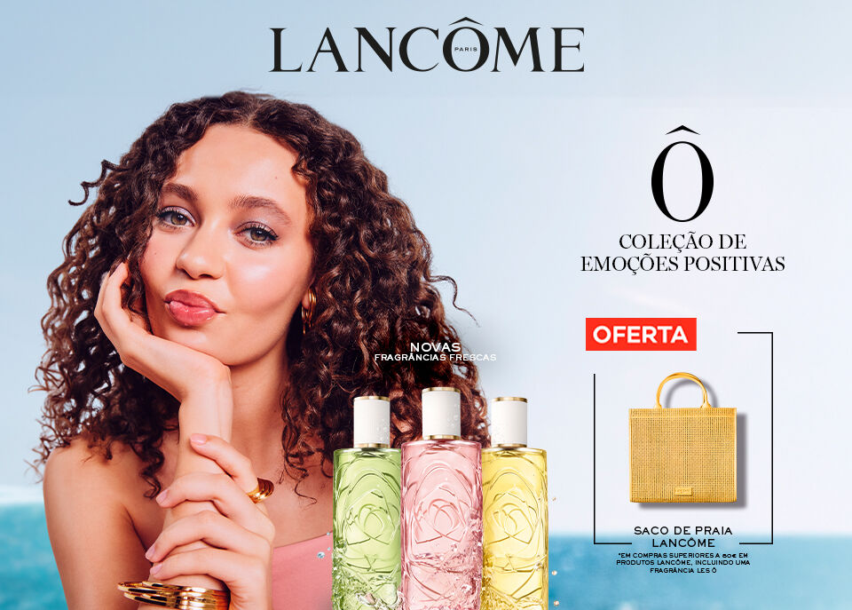 Modelo com cabelo encaracolado ao lado das 3 novidades Ô de Lancôme e destaque da oferta de bolsa de praia da marca Modelo com cabelo encaracolado ao lado das 3 novidades Ô de Lancôme e destaque da oferta de bolsa de praia da marca
