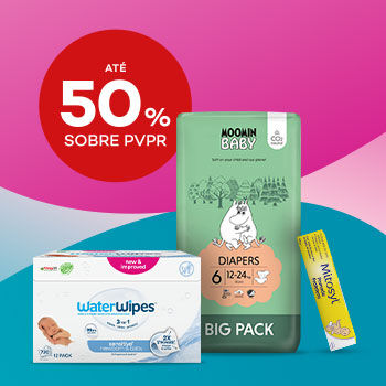 Destaque Muda da fralda com selo de desconto at&eacute; 50% sobre pre&ccedil;o de venda ao p&uacute;blico recomendado.