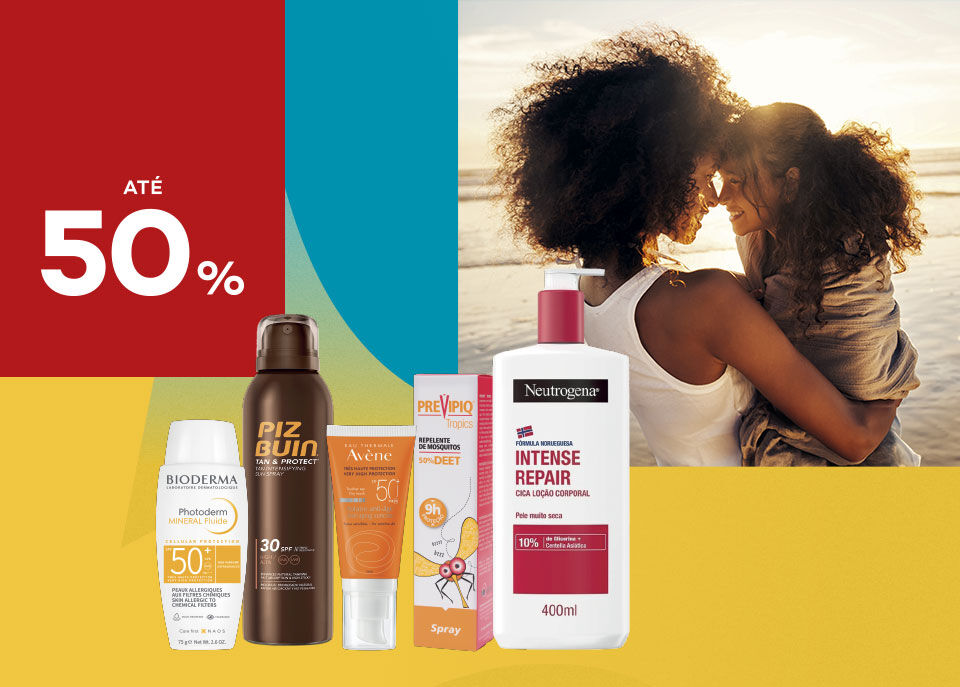 Banner com destaque de 3 protetores solares, 1 repelente e 1 hidratante com selo promocional até 50% Banner com destaque de 3 protetores solares, 1 repelente e 1 hidratante com selo promocional até 50%