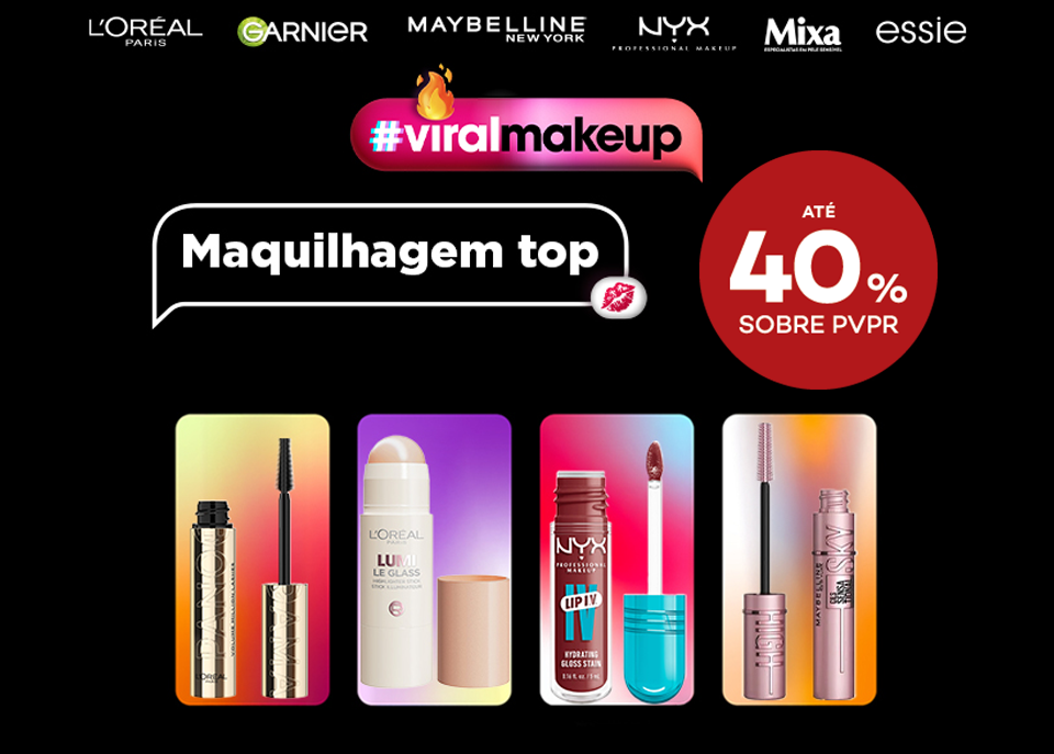 Destaque de maquilhagem L'Oréal Paris, Maybelline e NYX com selo de desconto até 30% sobre preço de venda ao público recomendado Destaque de maquilhagem L'Oréal Paris, Maybelline e NYX com selo de desconto até 30% sobre preço de venda ao público recomendado