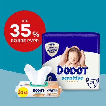 Destaque de dois produtos Dodot e selo de desconto até 35% sobre preço venda ao publico recomendado