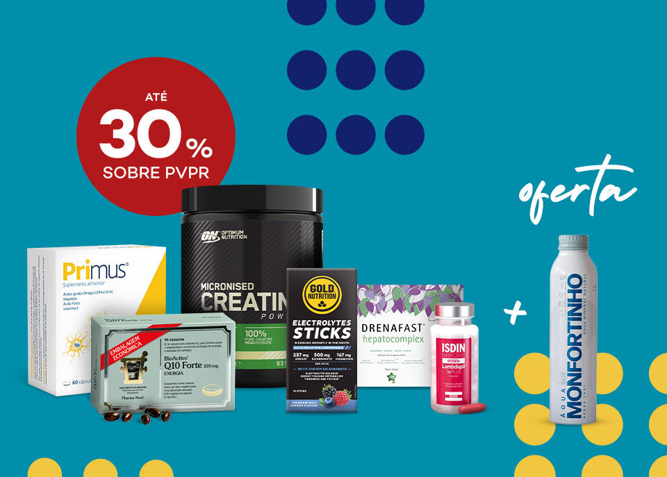 Suplementos com até 30% sobre preço de venda ao público recomendado e oferta água Monfortinho