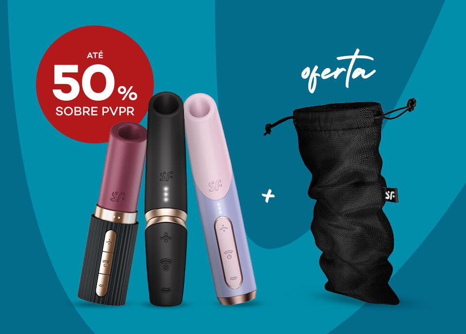 Banner com artigos Satisfyer e oferta de uma bolsa preta com selo até 50% sobre preço de venda ao público recomendado Banner com artigos Satisfyer e oferta de uma bolsa preta com selo até 50% sobre preço de venda ao público recomendado