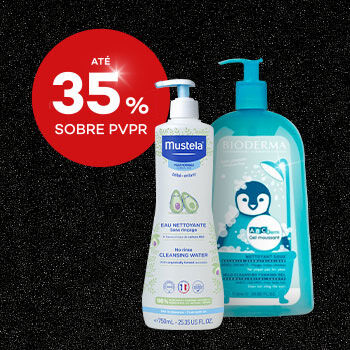 Destaque produtos higiene do bebé em campanha black friday com selo de desconto até 45% sobre preço de venda ao público recomendado