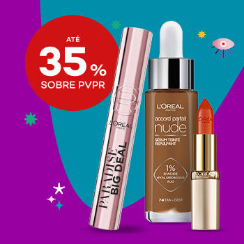 Destaque produtos L'Oréal Paris com selo de desconto até 35% sobre preço de venda ao público recomendado