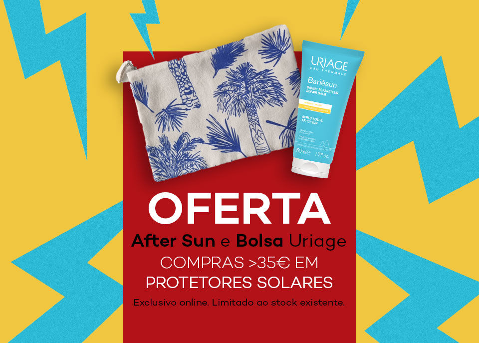 Oferta bolsa branca com padrão azul e after sun Uriage em compras de Solares Oferta bolsa branca com padrão azul e after sun Uriage em compras de Solares