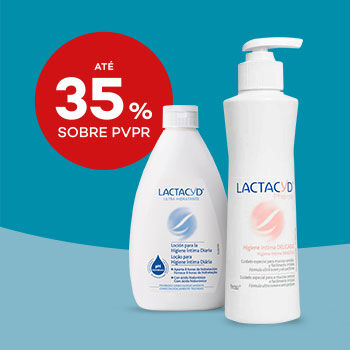 Destaque de dois produtos Lactacyd e selo de desconto até 35% sobre preço venda ao publico recomendado