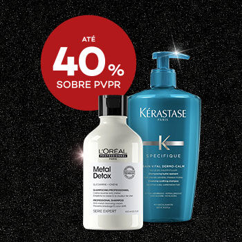 Destaque produtos gamas profissionais em campanha black friday com selo de desconto até 40% sobre preço de venda ao público recomendado