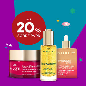 Produtos Nuxe com selo de desconto até 20% sobre preço de venda ao público recomendado.