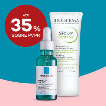 Produtos de Acne com selo de desconto até 35% sobre preço de venda ao público recomendado.