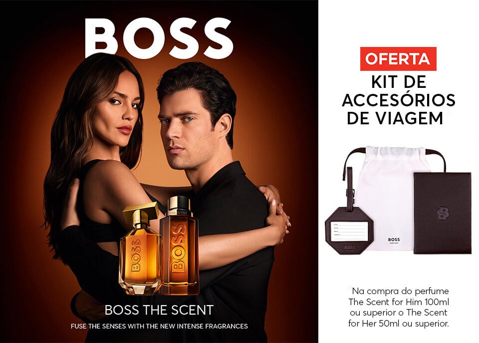 Hugo Boss com oferta de Kit de acess&oacute;rios de viagem castanho.