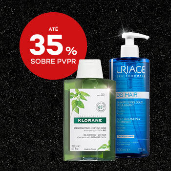 Destaque champôs em campanha black friday com selo de desconto até 35% sobre preço de venda ao público recomendado