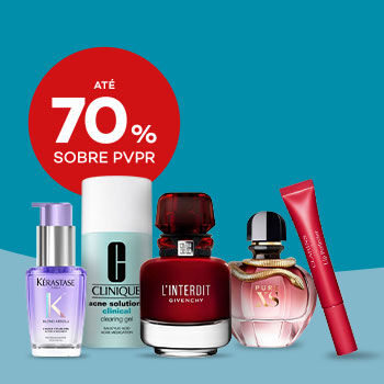 Produtos de beleza de luxo com desconto 70% sobre Pre&ccedil;o de Venda ao P&uacute;blico Recomendado.