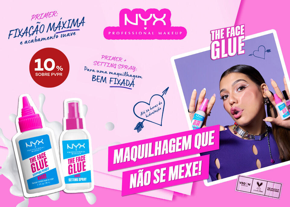 Destaque de primer e spray fixador Face Glue da Nyx Destaque de primer e spray fixador Face Glue da Nyx
