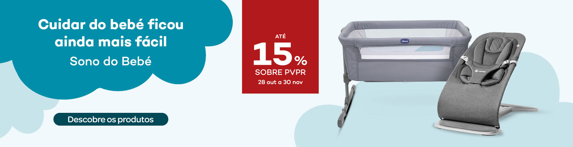 Cuidar do bebé ficou ainda mais fácil. Descobre os produtos! Destaque produtos de Sono do Bebé em campanha black friday com selo de desconto até 15% de promoção.